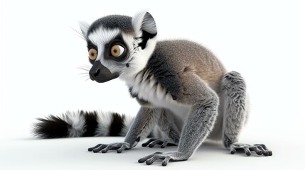 Fototapeta premium A delightful 3D rendering of a lovable lemur captured in a dynamic pose against a pristine white background. Perfect for adding a touch of charm to any project.