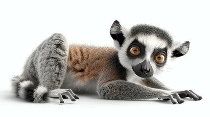 A captivating 3D render of an adorable lemur, showcasing its cute features and playful personality, set against a clean white background. Perfect for designs seeking a dash of whimsy and cha