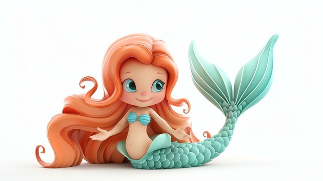 Adorable 3D mermaid with vibrant colors and a playful pose, ready to make a splash in any design project. Perfect for enchanting illustrations, children's books, and aquatic-themed designs.