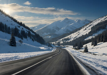 Winter Driving - Winter Road Country road leading through a winter mountain landscape. - obrazy, fototapety, plakaty