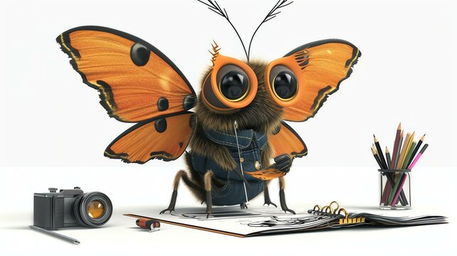 A whimsical 3D creation of a charming moth who has embarked on an extraordinary career as a fashion designer. Against a clean white background, this endearing character showcases its talent