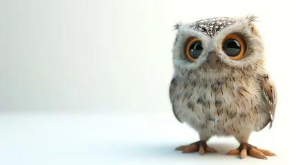 Gardinen A charming and delightful 3D illustration of a cute owl perched on a pristine white background. This adorable owl is sure to captivate viewers with its wide-eyed expression and intricately d © stocker