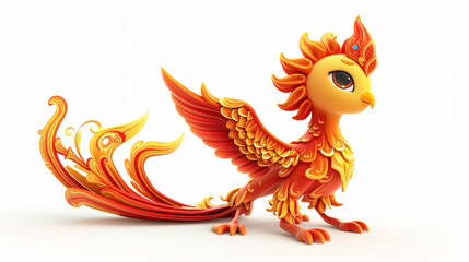 A charming 3D illustration of a whimsical phoenix, beautifully crafted with vibrant colors, on a clean white background. Perfect for designs that evoke magic, fantasy, and grace.