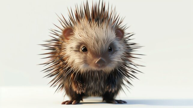 A delightful 3D rendering of a charming and adorable porcupine, beautifully designed with intricate details, set against a pristine white background. Perfect for adding an enchanting touch t
