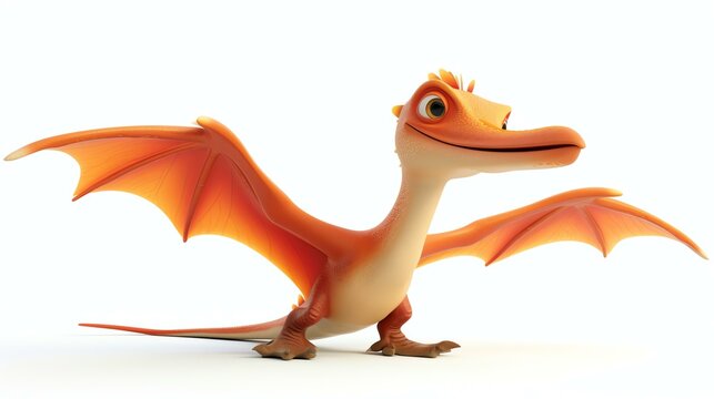 A charming 3D rendering of a pterodactyl, capturing its endearing and playful nature. With a pure white background, this vibrant image is perfect for any project seeking an adorable touch of