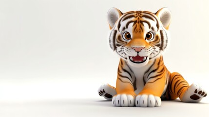 A charming 3D illustration of a lovable tiger, designed with adorable features and a playful expression, set against a clean white background, perfect for adding a touch of cuteness to any p