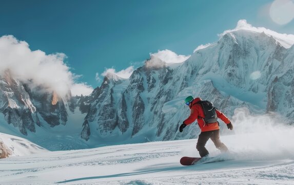 A snowboarder glides down a mountain covered in fresh powder, showcasing the beauty and thrill of snowboarding in a serene environment.