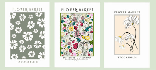Fototapeta na wymiar Set of abstract flower posters. Trendy botanical wall art with floral design in Danish pastel colors. Modern naive groovy funky interior decorations, and paintings. Vector art illustration.