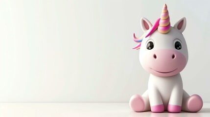 A lovable 3D unicorn, bursting with cuteness, stands gracefully against a pristine white background. With a playful expression and vibrant colors, this enchanting creature is ready to add a