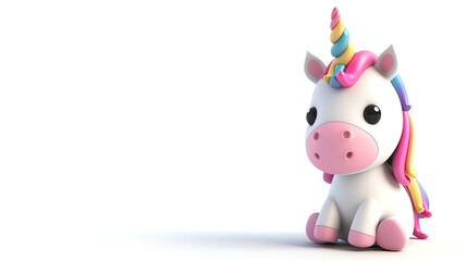 Obraz na płótnie Canvas A charming and vibrant 3D illustration of a cute unicorn, rendered in vivid colors, standing proudly on a pristine white background. Perfect for adding a touch of magic and whimsy to any pro