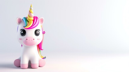 A whimsical and adorable 3D rendering of a cute unicorn, standing gracefully on a pure white background. Perfect for adding a touch of magic to any project or design.