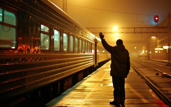 An individual bids farewell to a departing train on a foggy evening. The warm glow of the station lights creates a melancholic ambiance.