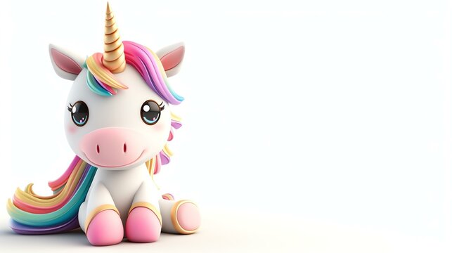 A charming and vibrant 3D illustration of a cute unicorn, rendered in vivid colors, standing proudly on a pristine white background. Perfect for adding a touch of magic and whimsy to any pro