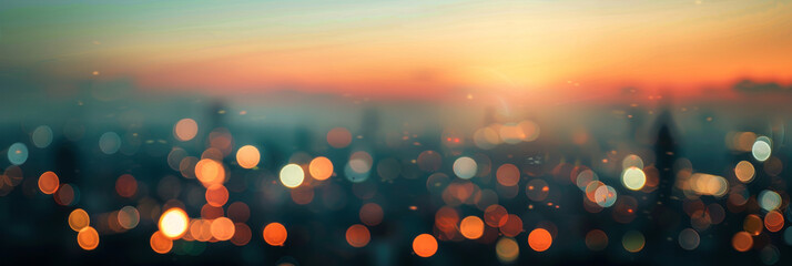 An abstract blurred photo showcasing the cityscape at twilight, with vibrant bokeh lights creating a captivating effect