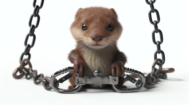 A mischievous 3D cute weasel with exceptional escape skills, betrays a mischievous grin while showcasing its incredible talent as an escape artist, effortlessly picking handcuffs using a loc
