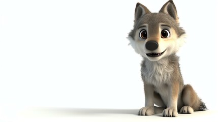 A delightful 3D rendering of a charming wolf, exuding cuteness and innocence, against a pristine white background. Perfect for adding a touch of whimsy and character to any project.