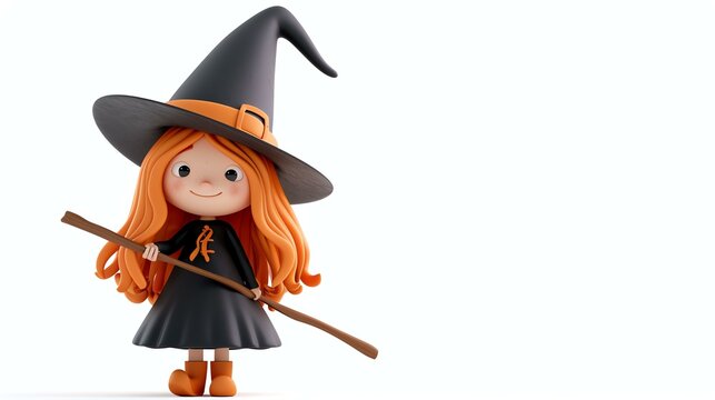 A delightful 3D illustration featuring a cute witch with a whimsical hat and magical broom, set against a pristine white background. Perfect for Halloween-themed designs, invitations, and di