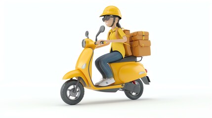 A realistic and dynamic 3D rendered delivery person, dressed in a vibrant uniform, holding a package, standing confidently in motion. Perfect for illustrating fast and reliable delivery serv
