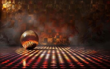 A classic disco ball lies on a checkered dance floor, surrounded by a mysterious haze and...