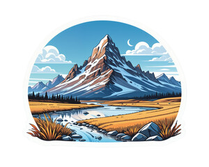 stylized mountainous landscape with river at dusk within an irregular frame. Sticker illustration
