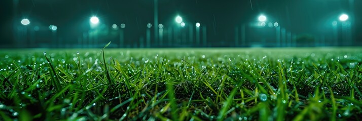 Close up juicy grass baseball field or football or soccer stadium at night with projector lights