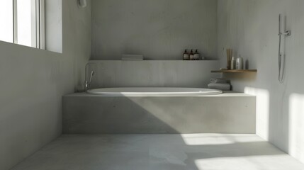 Fototapeta na wymiar Stylish and Minimalist Bathroom with Built-In Bathtub and Concrete Floor
