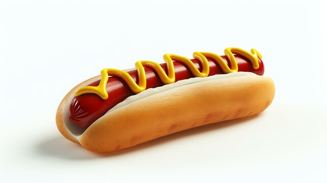 A mouthwatering 3D rendered icon of a hot dog, perfect for all your food-related design projects. This simple yet realistic representation showcases every delicious detail - from the juicy s
