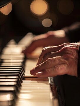 A close-up of an experienced hand gracefully playing the piano, with soft lighting enhancing the warm ambience of the music-filled room. The bokeh effect in the background adds to intimate concert.