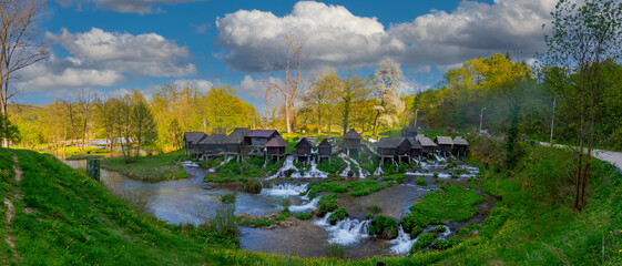 Historical wooden watermills in Jajce, Bosnia and Herzegovina - obrazy, fototapety, plakaty