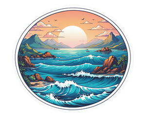 stylized tropical beach sunset with waves. Sticker illustration
