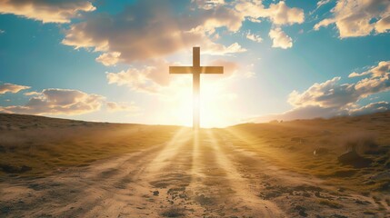 A mesmerizing Christian cross bathed in divine sun rays, emanating a transcendent aura, evoking a sense of profound spirituality and peace.
