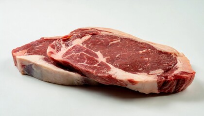 Obraz premium Two rib eye steaks one on top of another on white background. Raw beef meat.