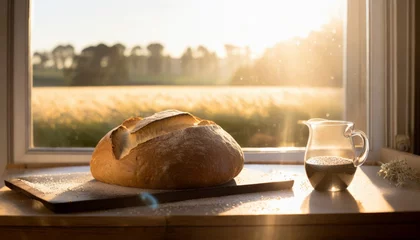 Schilderijen op glas Freshly baked homemade bread on kitchen table in front on window. Tasty food. © hardvicore