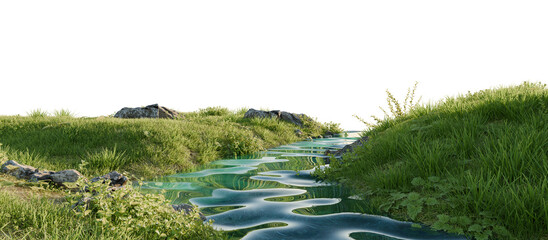 Serene Nature Landscape with Stream and Vibrant Flowers. 3D render.