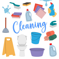 Cleaning set. Toilet bowl, washing machine, floor mop, bucket, plunger, scoop, sponges, washcloths, brushes. Housekeeping service equipment.
