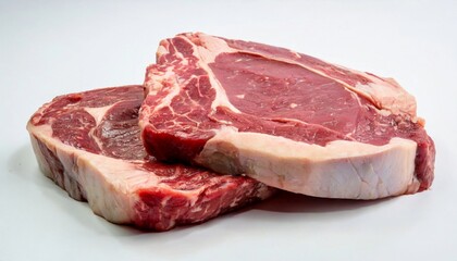 Fototapeta premium Two rib eye steaks one on top of another on white background. Raw beef meat.