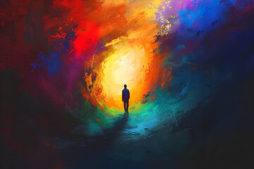 Digital painting of a person emerging from a dark tunnel into a realm of vibrant colors, signifying hope and renewal


 - obrazy, fototapety, plakaty