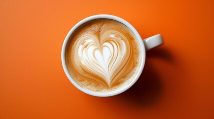 A visually captivating cup of coffee showcased on a vibrant orange backdrop, adorned with an intricately crafted heart-shaped latte art. - obrazy, fototapety, plakaty