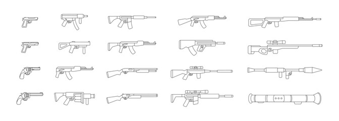 Military weapons silhouettes. Grenade launcher, assault rifle AK 47, tactical assault rifles. Vector illustration.