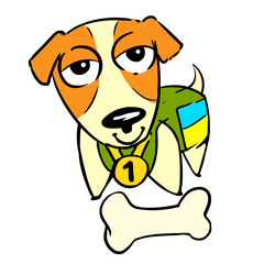 Dog Patron with a gold medal and a bone on the white screen. Symbol of patriotism and demining in Ukraine. Vector sticker for collecting aid to Ukraine in the war.