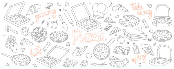 Pizza outline set. Traditional italian fast food. Restaurant cafe menu. Whole and pieces italian pizza. Vector illustration.