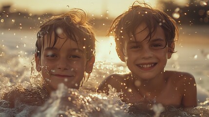 Obraz premium Two boys brothers at the beach active playing in the water, happy and glad, family vacation rest at the lake