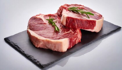 Fototapeta premium Two rib eye steaks one on top of another on white background. Raw beef meat on black stone board.