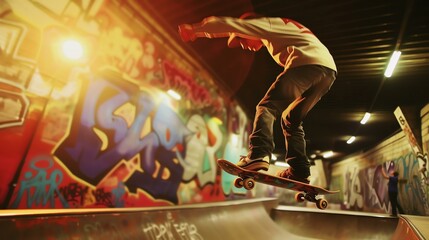 High-octane shot of a skilled skateboarder performing a jaw-dropping trick against a vibrant urban graffiti backdrop, with dramatic lighting that encapsulates the raw energy and dynamic esse - obrazy, fototapety, plakaty