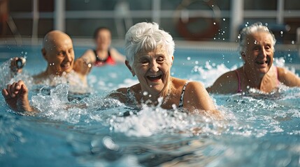 Fototapeta premium Happy senior men and women doing sports indoors in the swimming pool