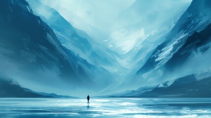 A solitary figure stands amidst majestic mountains, immersed in a serene, icy world. Perfect for conveying solitude, introspection, and a sense of awe.