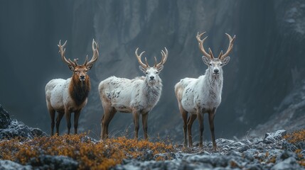 Mountain Trio: White Deer in Rugged Terrain