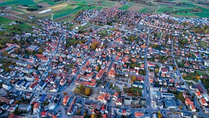 Aerial view of the city Laichingen in Germany on a sunny day in fall