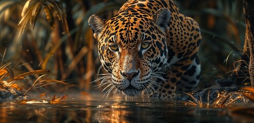 Dusk Paddle: Solitary Jaguar Moving Stealthily Through Twilight - obrazy, fototapety, plakaty