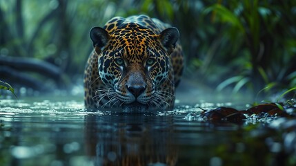Submerged Stare: Jaguar's Gaze from the Rainforest Waters - obrazy, fototapety, plakaty